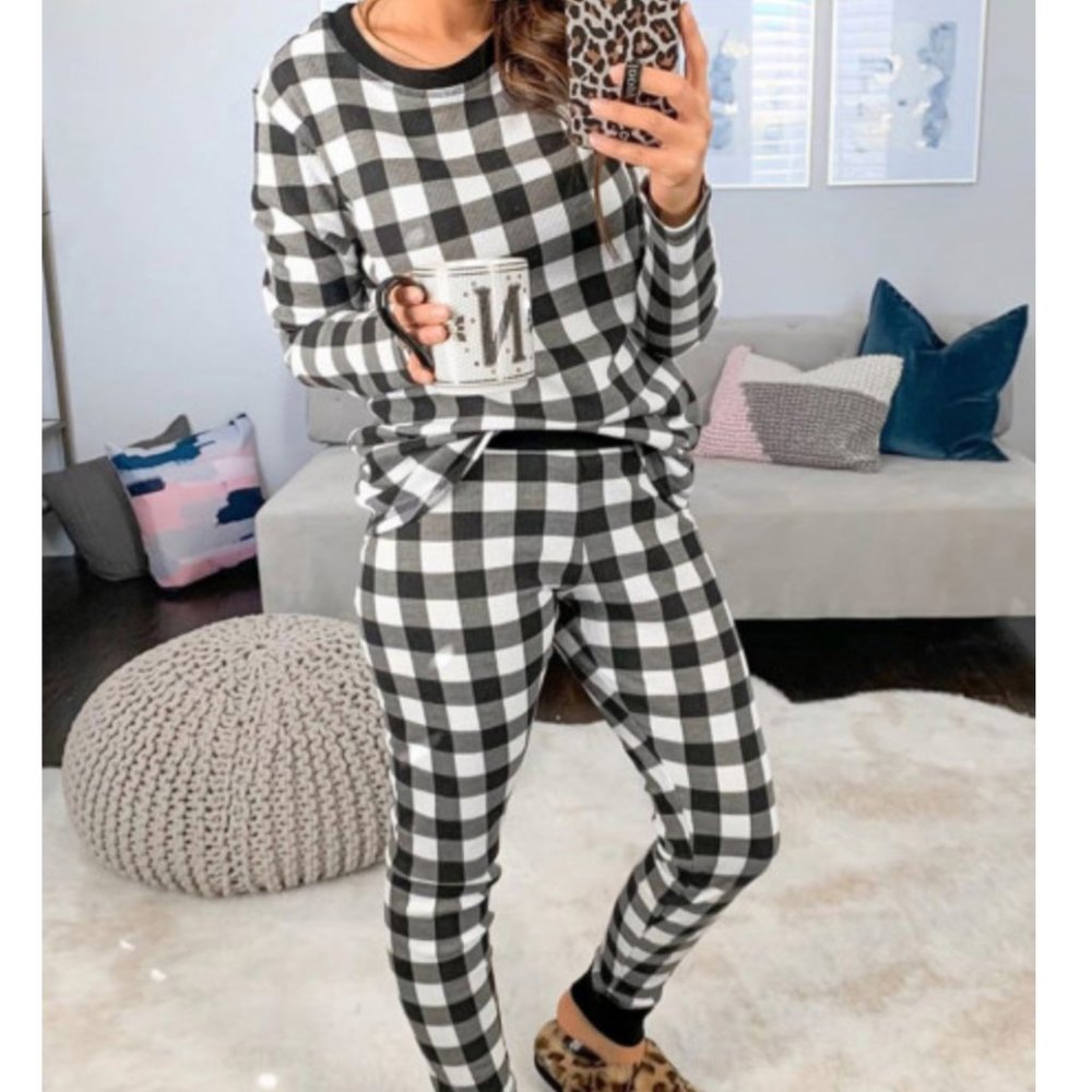 Black White Buffalo Check Plaid Pajama Lounge Set